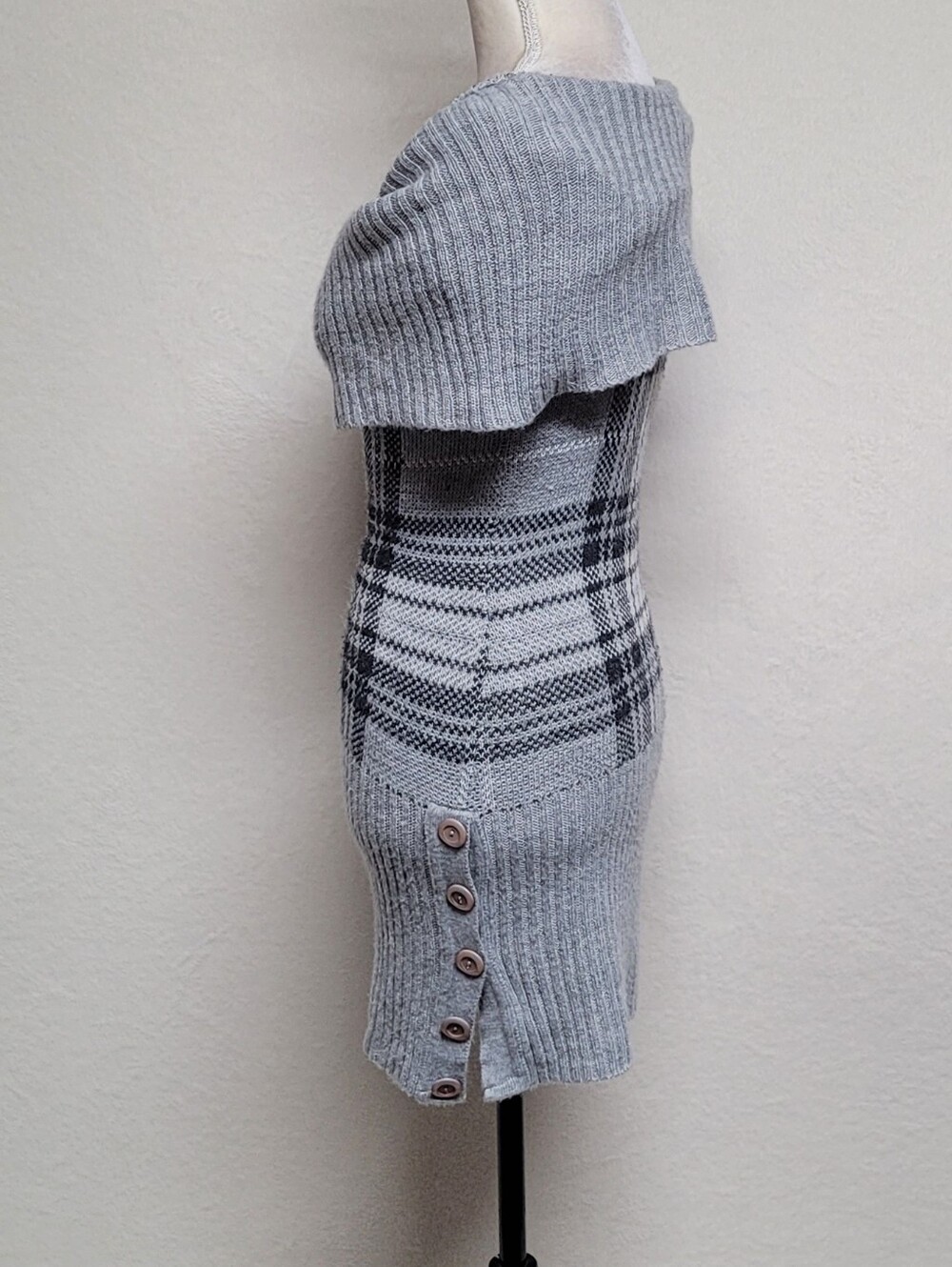 90s Vintage Say What Gray Plaid Cowl-neck Off-Shoulder Bodycon Mini Dress Small - Picture 5 of 11